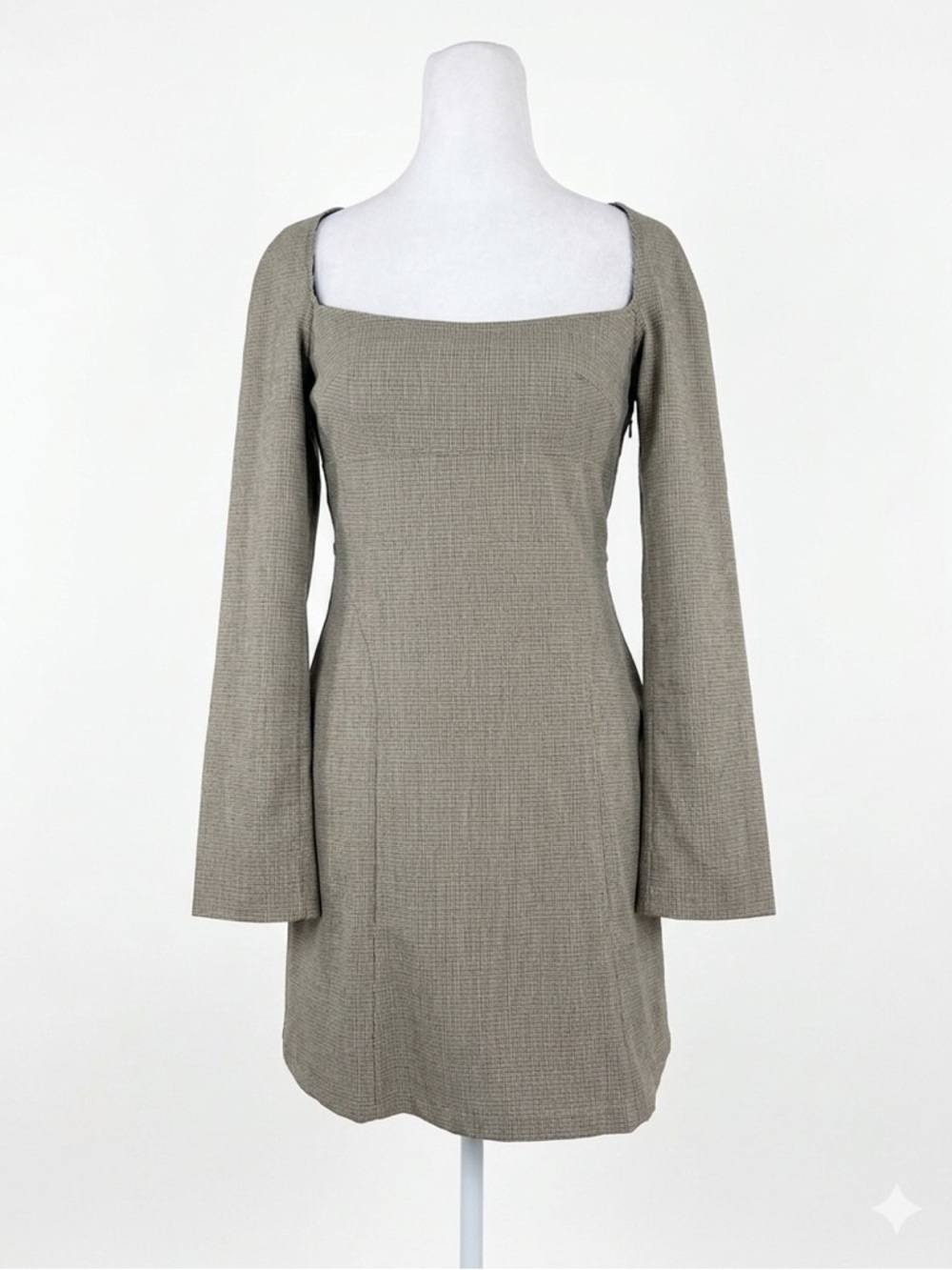 Zara Brown Micro Plaid Square Neck Dress Long Sleeve Mini Size Medium M